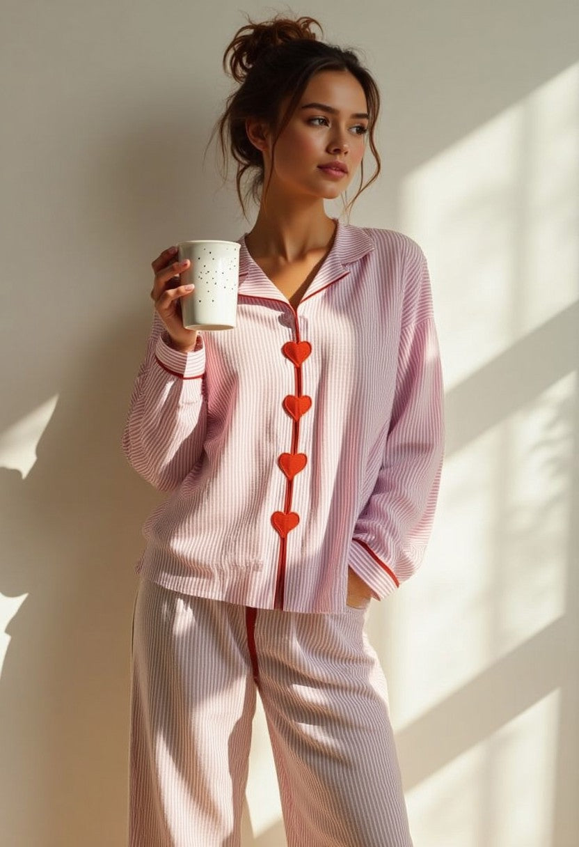 Dames pyjama set met hartjesknopen en strepen