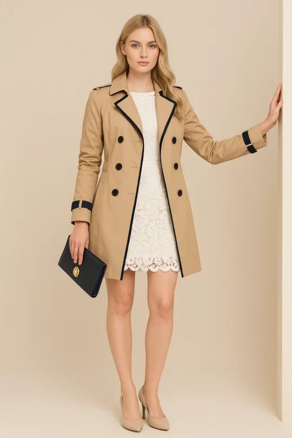 Dames trenchcoat met dubbele knoopsluiting en contrastrand