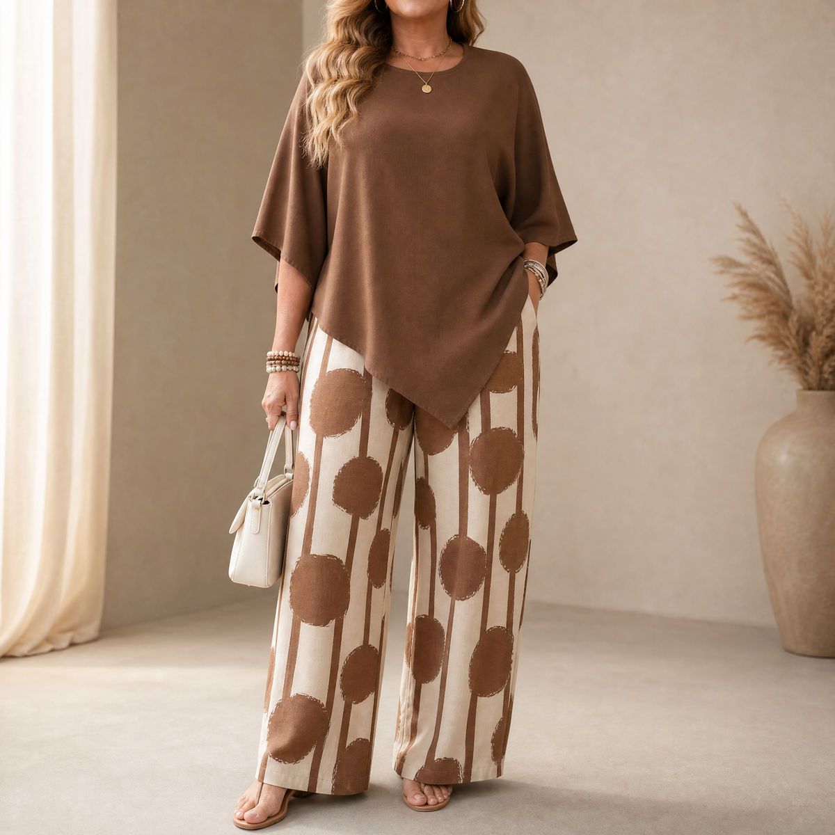 Dames tweedelige set met asymmetrische top en wijde broek