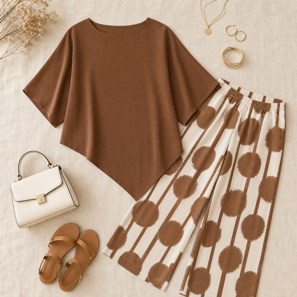 Dames tweedelige set met asymmetrische top en wijde broek