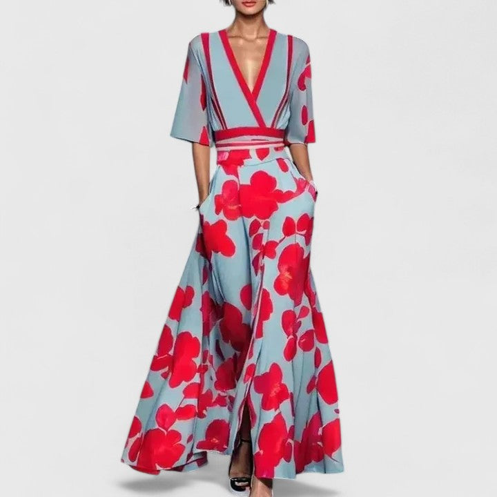 Dames tweedelige set met wikkeltop en wijde broek