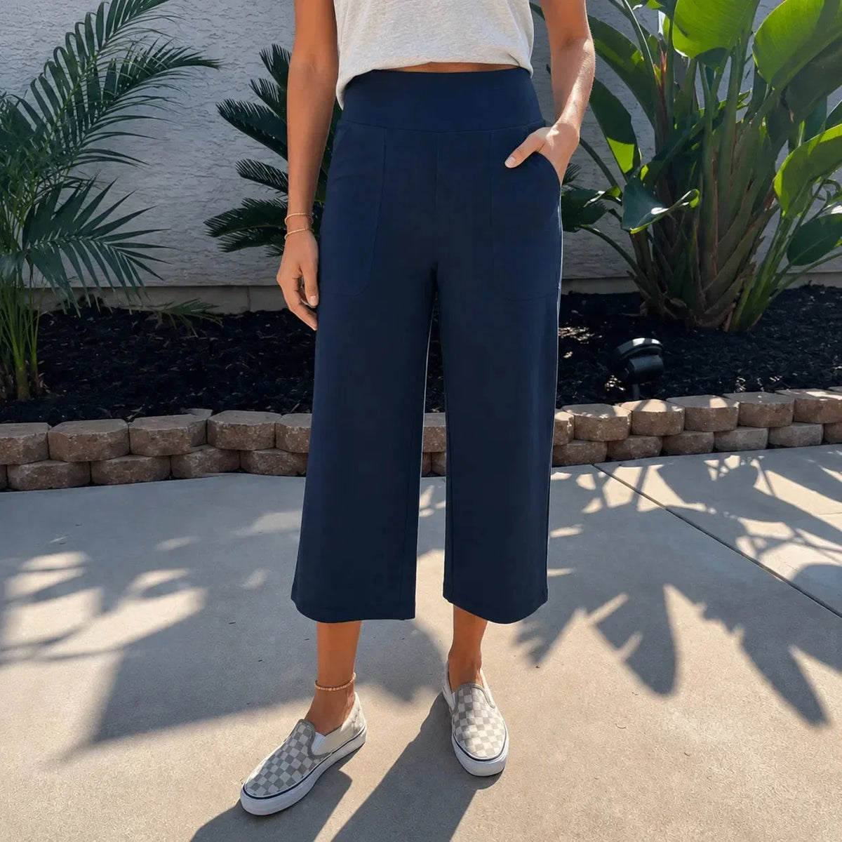 Dames wijde broek met hoge taille en diepe zakken