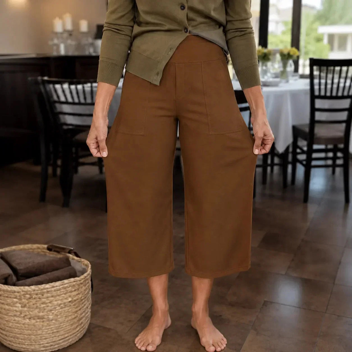 Dames wijde broek met hoge taille en diepe zakken