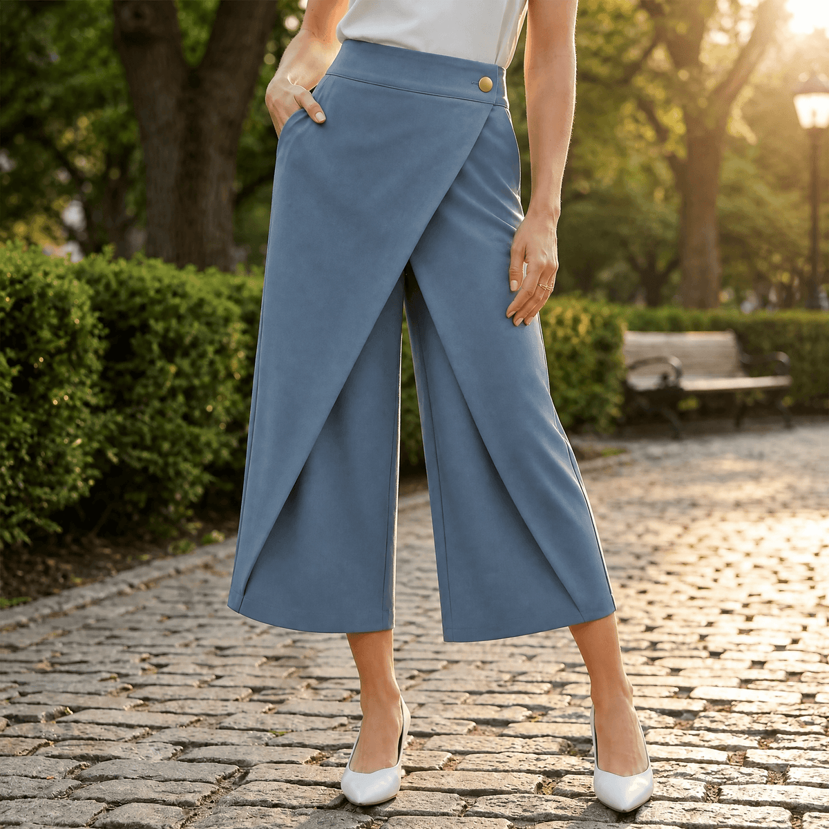 Dames wijde pantalon met overslag en hoge taille
