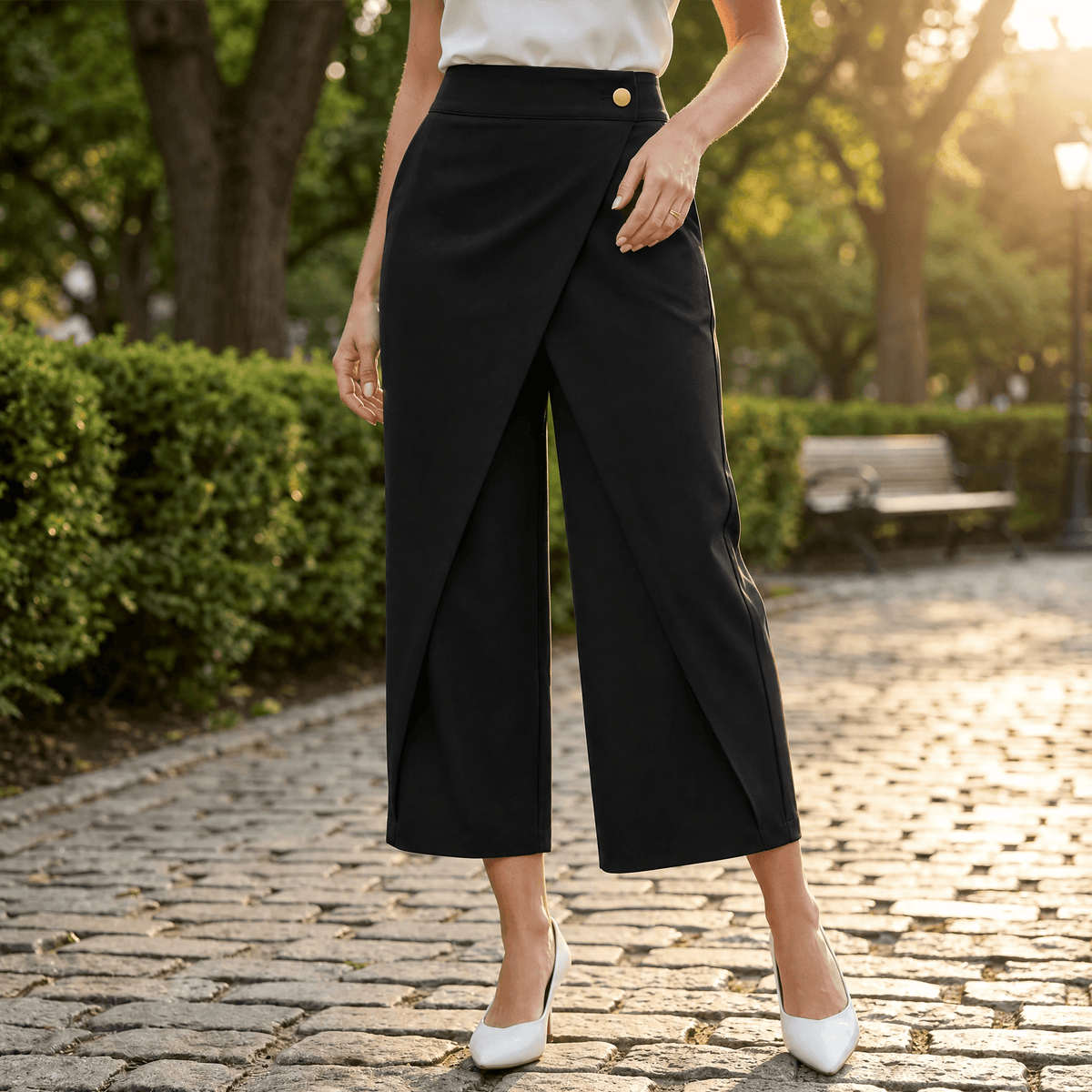 Dames wijde pantalon met overslag en hoge taille