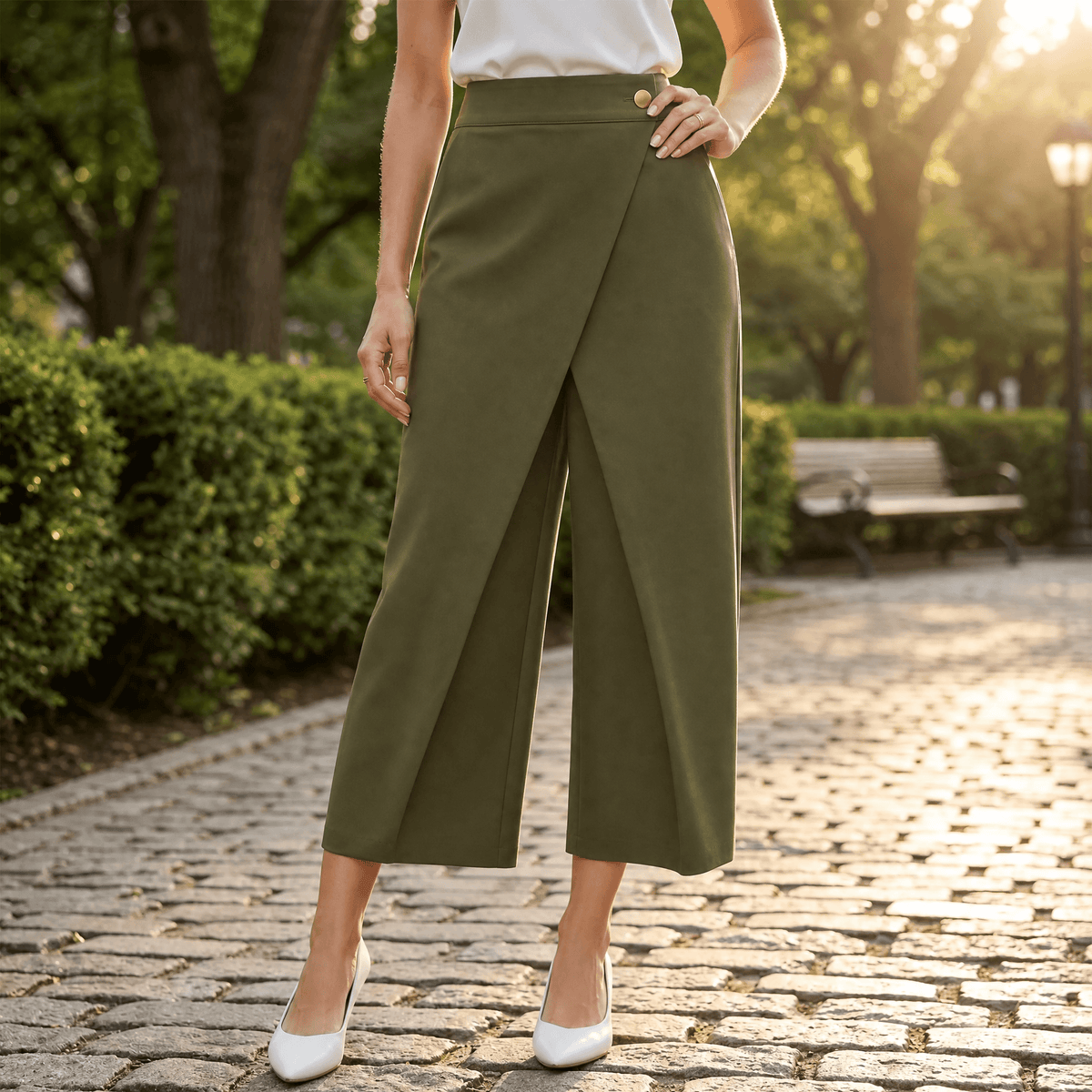Dames wijde pantalon met overslag en hoge taille