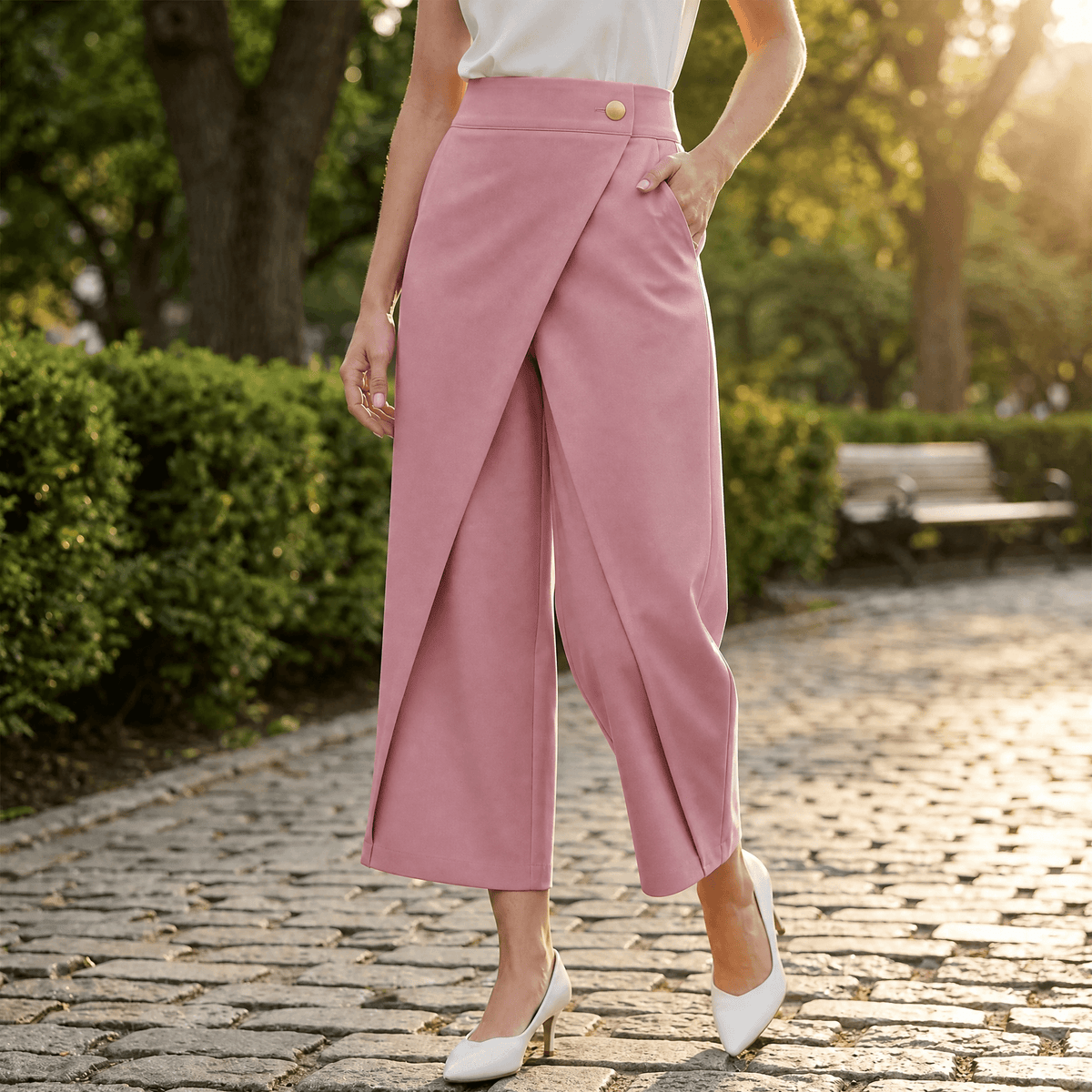 Dames wijde pantalon met overslag en hoge taille