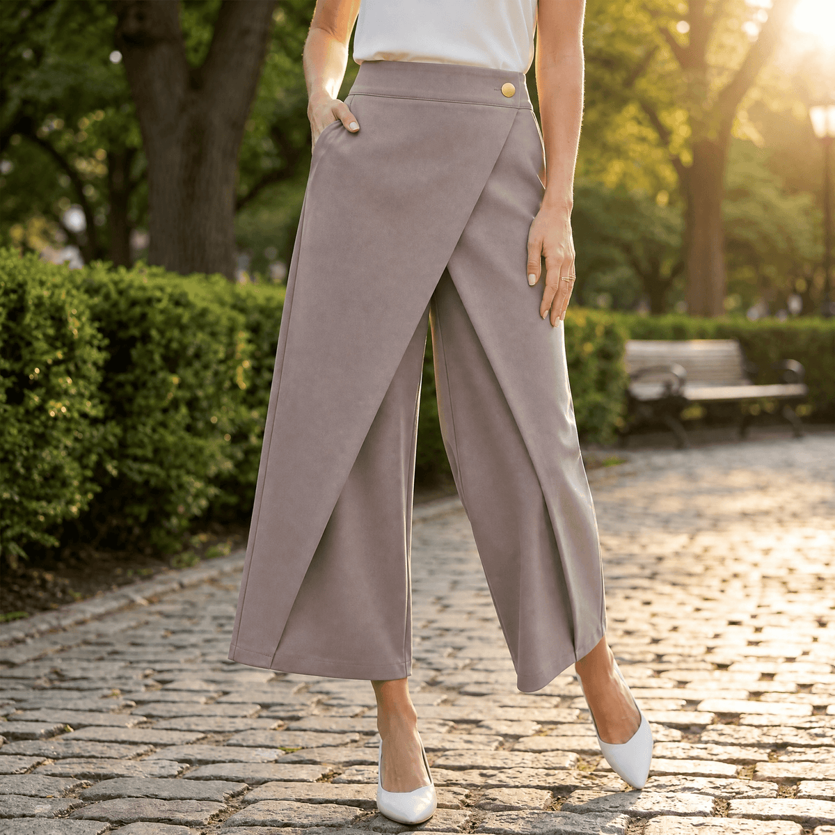 Dames wijde pantalon met overslag en hoge taille