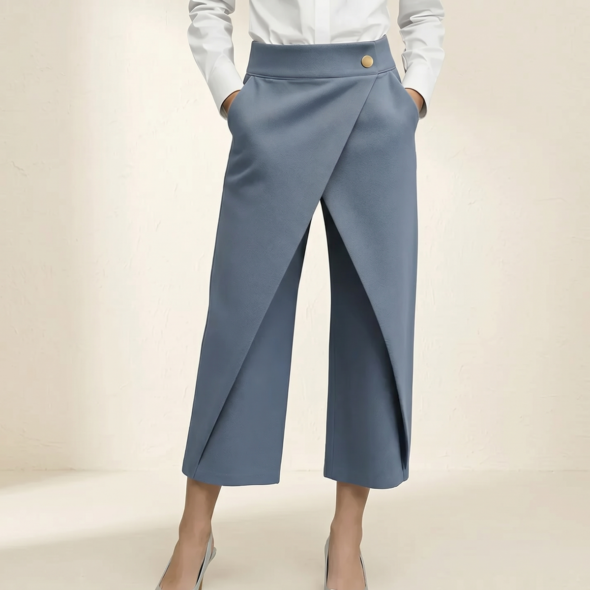 Dames wijde pantalon met overslag en hoge taille