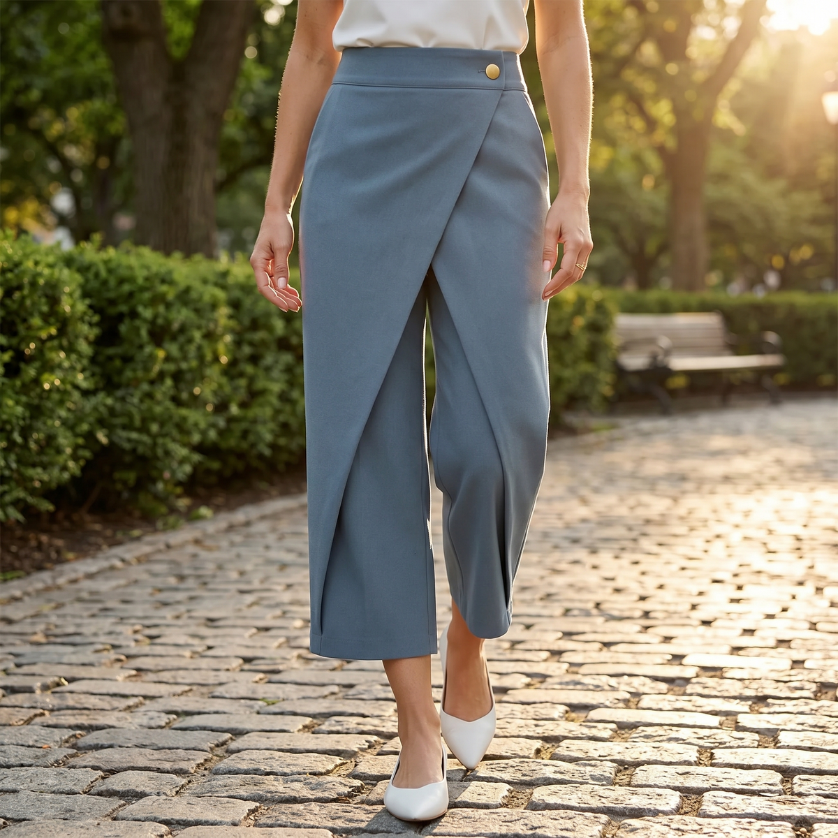 Dames wijde pantalon met overslag en hoge taille