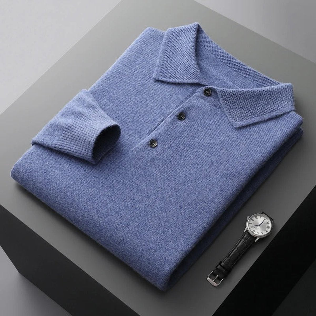 Heren gebreide polo met lange mouwen en knoopsluiting
