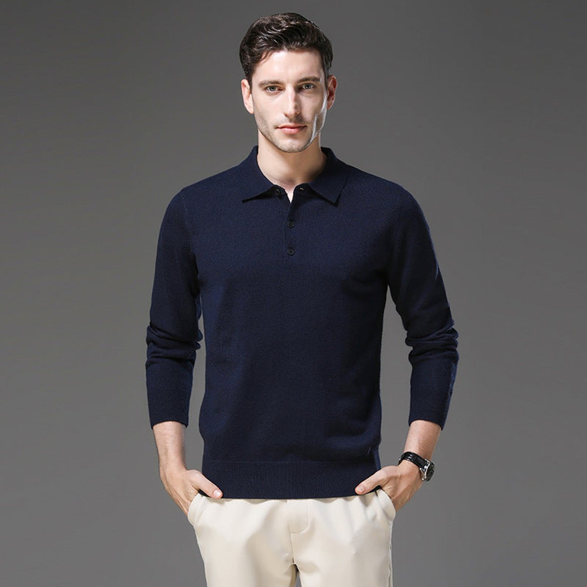 Heren gebreide polo met lange mouwen en knoopsluiting