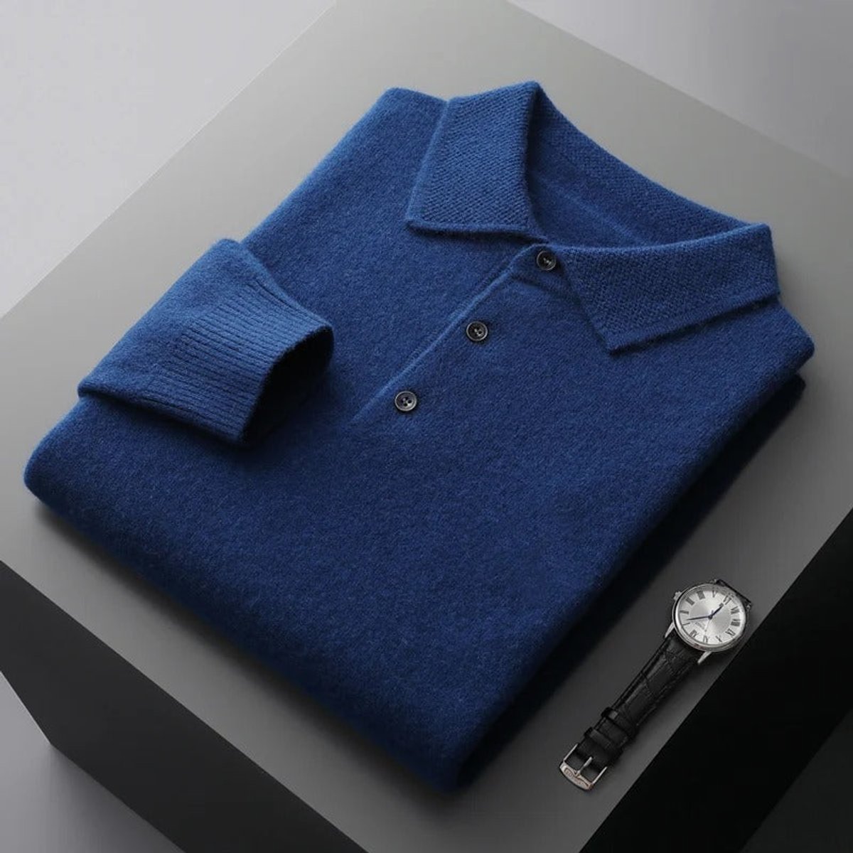 Heren gebreide polo met lange mouwen en knoopsluiting