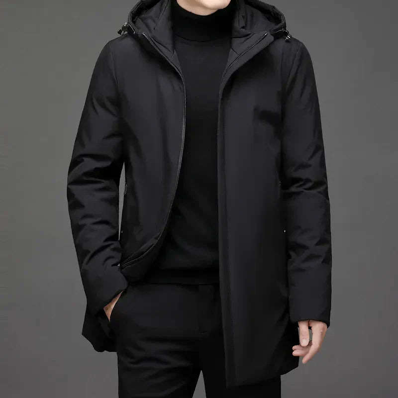 Heren halflange winterjas met capuchon en zijzakken