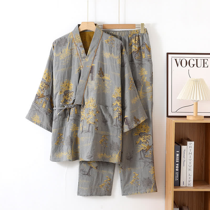 Heren pyjama kimono met landschapsprint