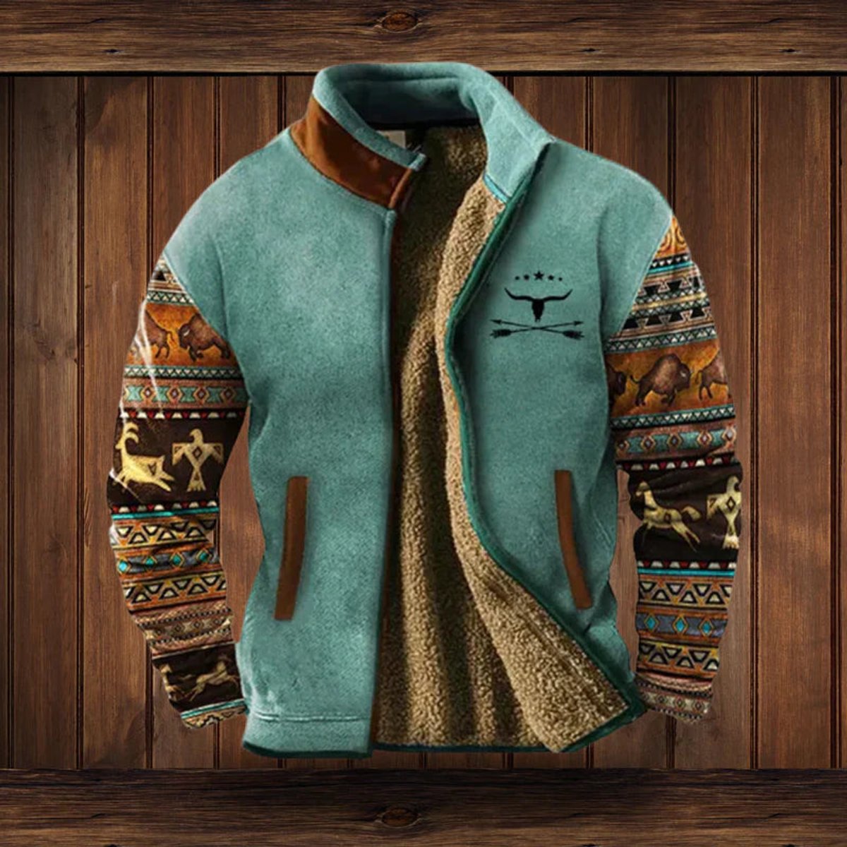 Heren teddygevoerd jack met westernprint op de mouwen