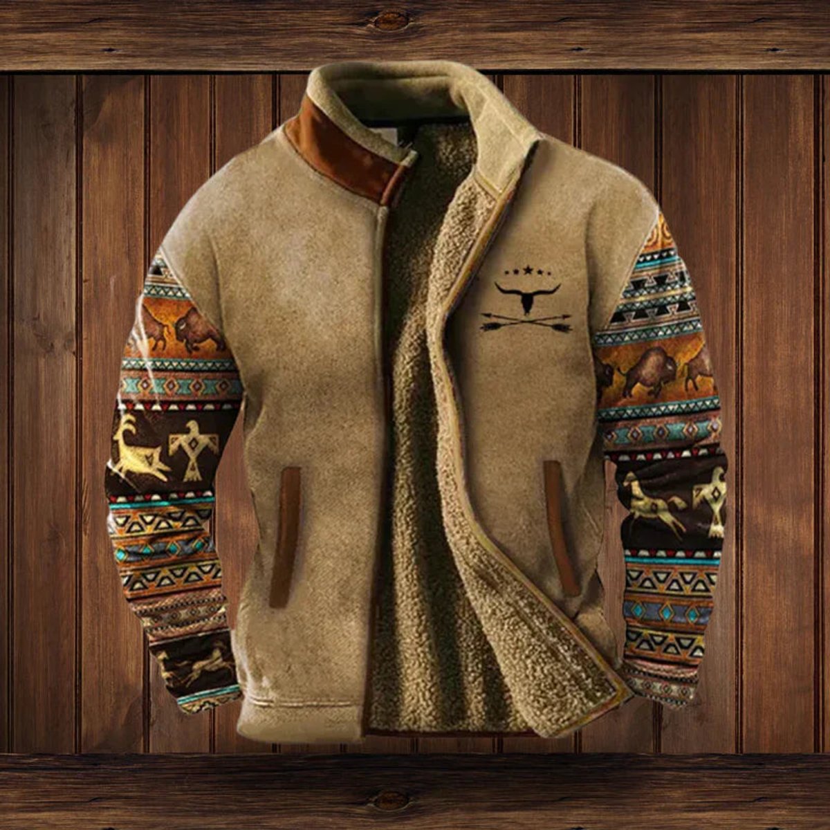 Heren teddygevoerd jack met westernprint op de mouwen