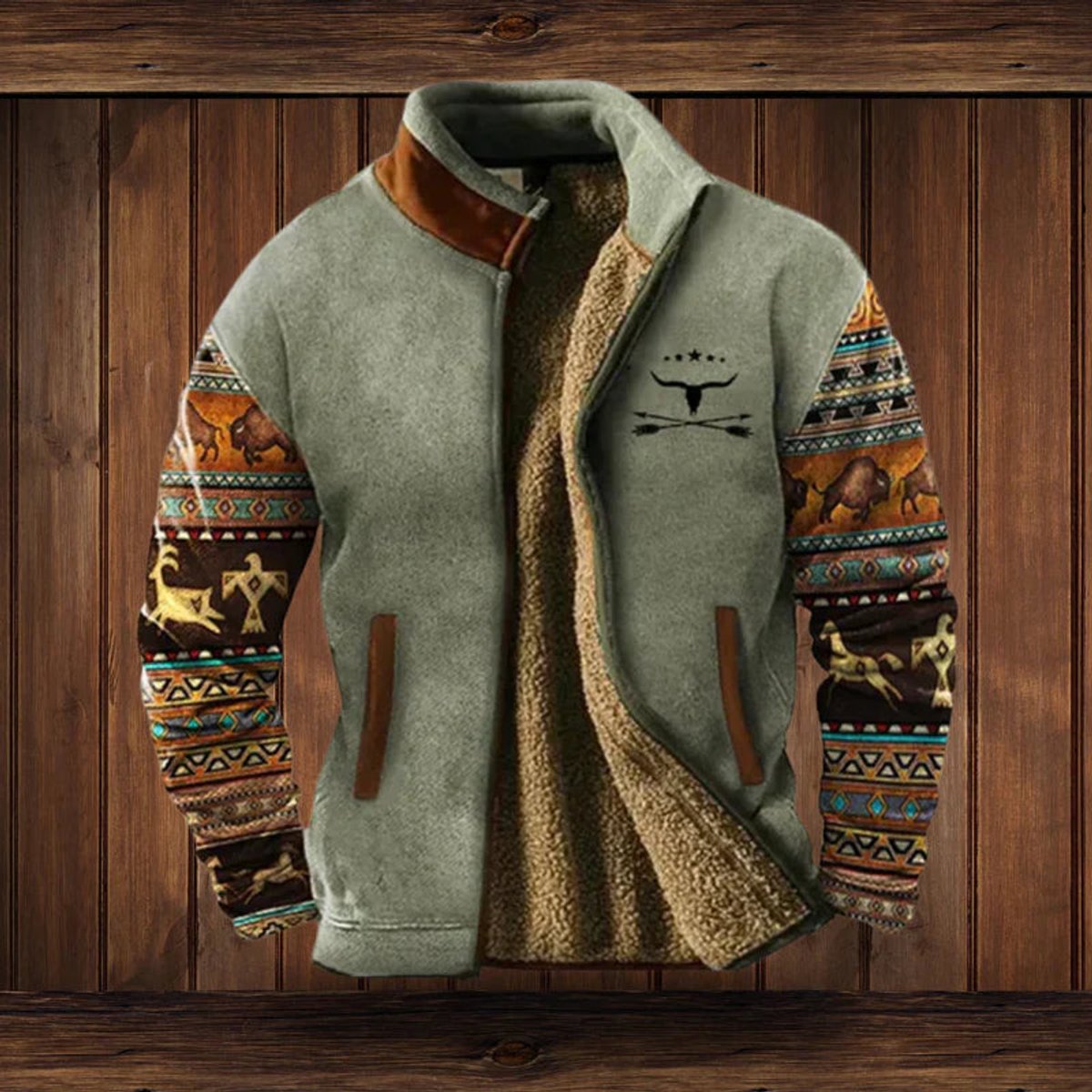 Heren teddygevoerd jack met westernprint op de mouwen